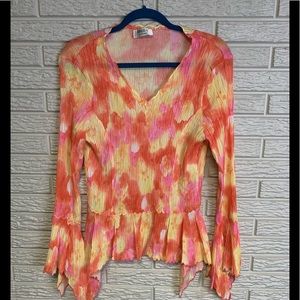 DRESS-U By SHARON Bright Crepey Textured Stretch Bell Sleeve Top Blouse L 1990s